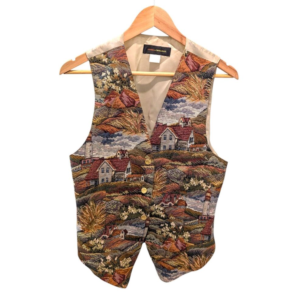 Woven Tapestry Vest Vintage Medium Coastal Village Scene Cottagecore Waistcoat